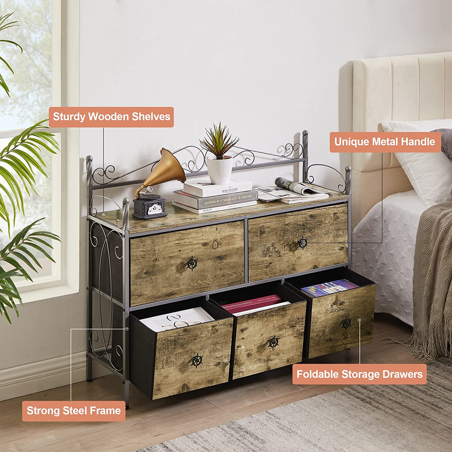 VECELO Dresser for Bedroom with 5 Drawers, Storage Organizer Unit with Shelf for Closet, Living Room