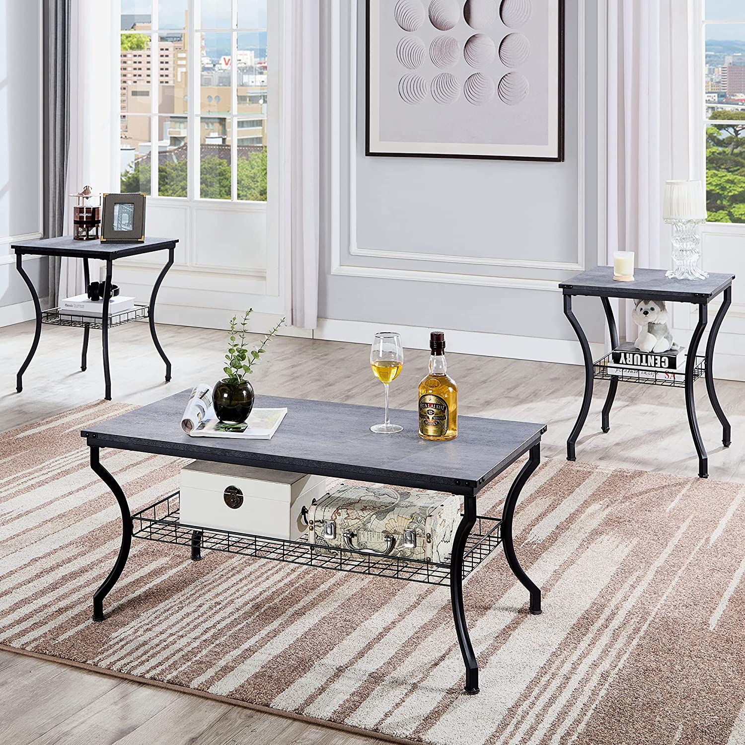 VECELO 3 Pieces Living Room Sets Coffee and End Tables - VECELO