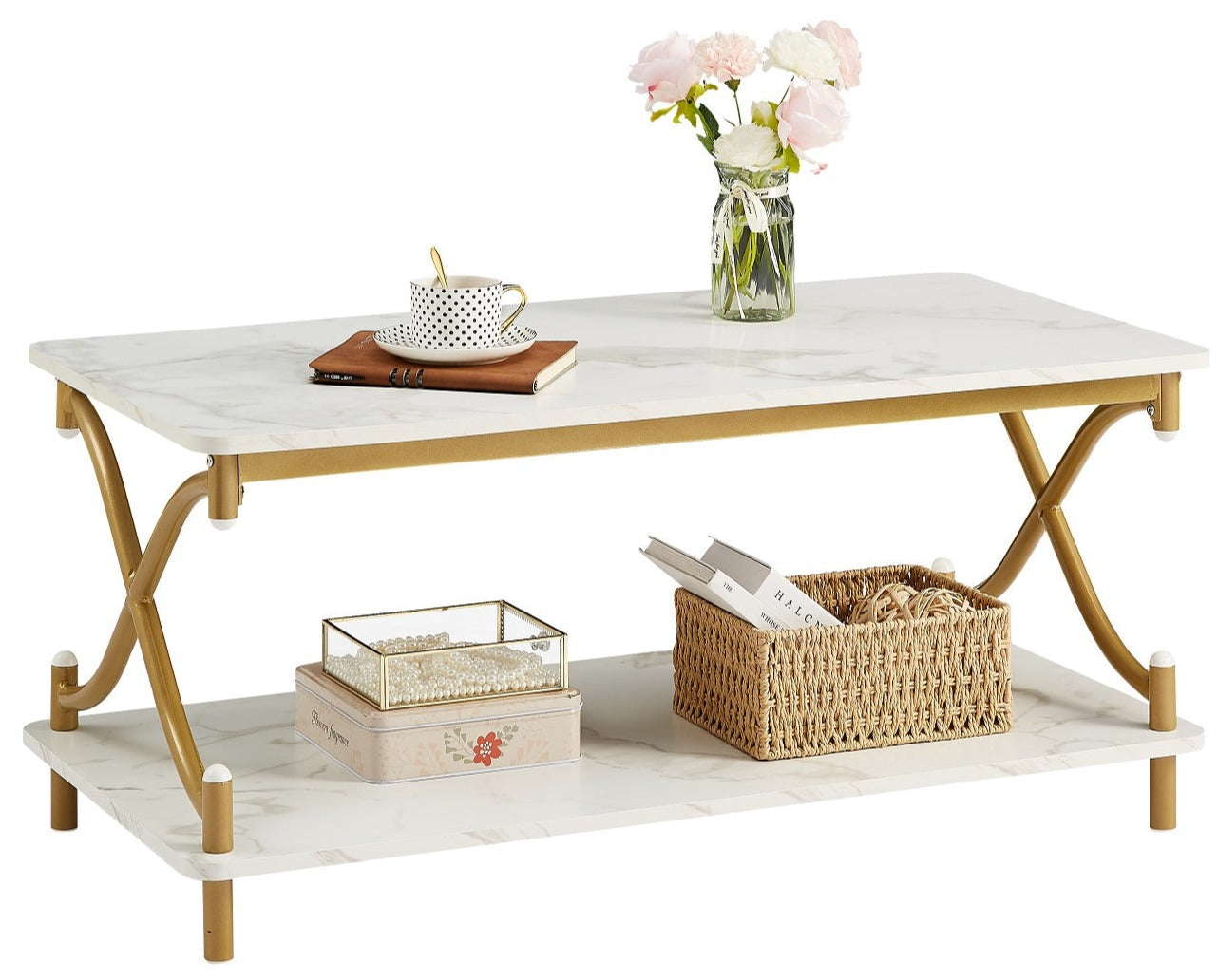 VECELO Coffee Table with Storage and Open Shelves for Living Room X-Shape Frame - VECELO